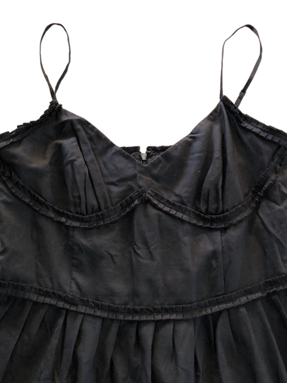 Vintage Ann Taylor Black Spaghetti Strap Midi Dress with Pleated Trim